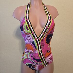 Trina Turk Pink Paisley Halter One-Piece Swimsuit with Orange & Lime Accents